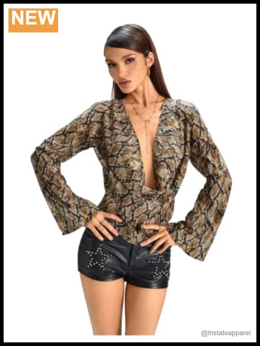SweatyRocks Women's Sexy Snakeskin Print Deep V Cowl Neck Blouse Bell Long